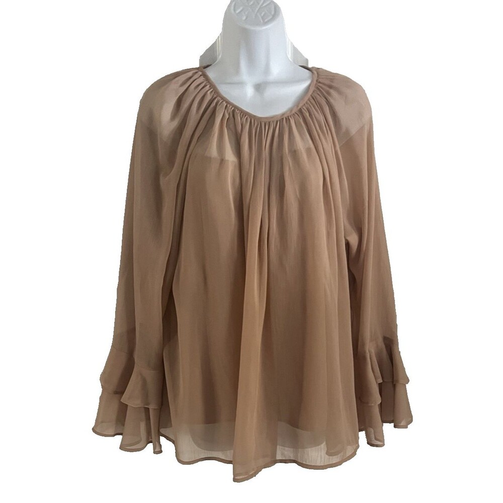 M&S Collection Women’s Beige Sheer 2 piece Bell Sleeve Blouse Sz 12 Peasant Top